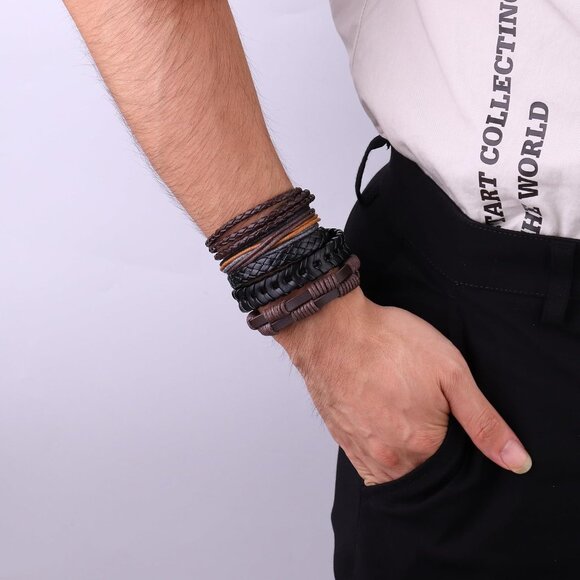 30Pcs Men's Women's Leather & Wood Beaded Woven Ethnic Tribal Bracelets Set Adju - Picture 2 of 5